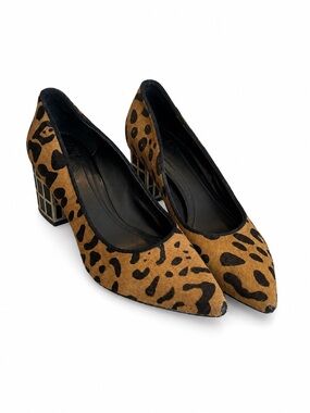 * RARE* Brian Atwood Karina leopard calf hair gold caged block heel pumps 8.5